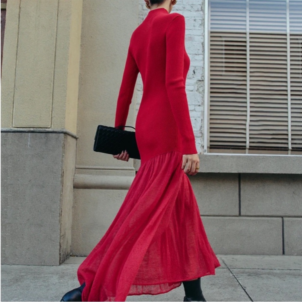 SOLD Commense Mock Vibrant Red  Ribbed Knit Dress with Sheer Bottom Asymmetrical - Picture 3 of 6